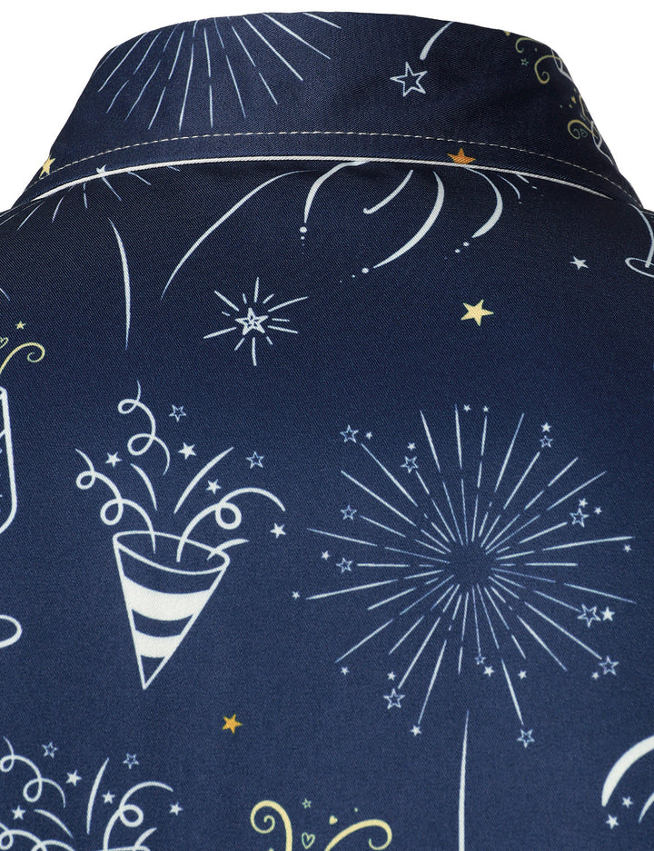 Herre Fyrværkeri Nytårs Fest Knap-Op Blå Langærmet Skjorte