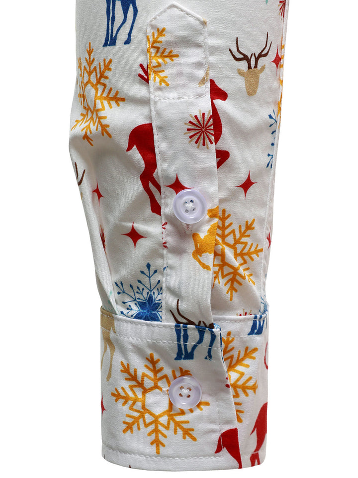 Herre Langærmet Skjorte med Juletema - Festlige Rensdyr og Snefnug i Hvid